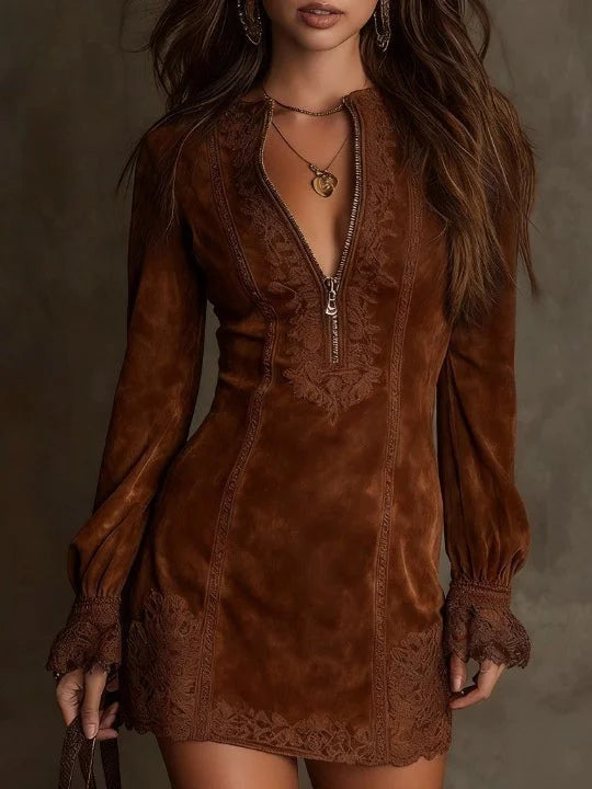 Svanstrom l Mini Klänning I Mocka Med Spets